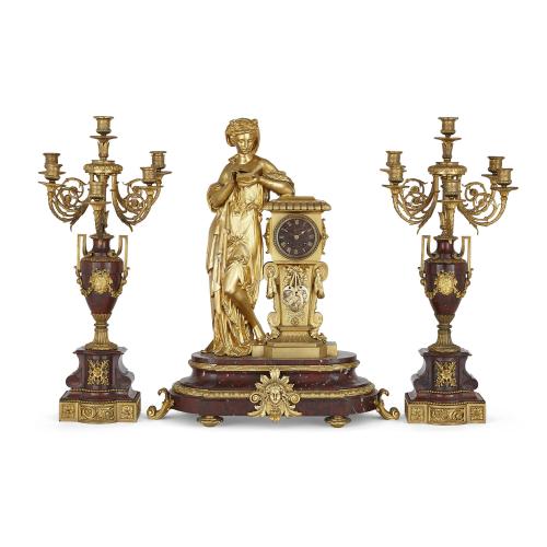 Large ormolu and griotte marble matched three-piece clock set
