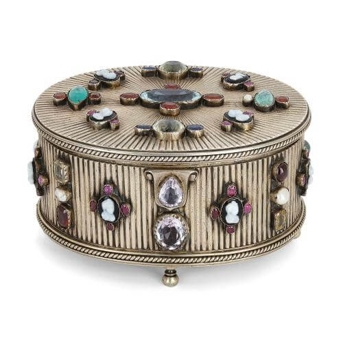 Russian gemstone and cameo mounted silver box