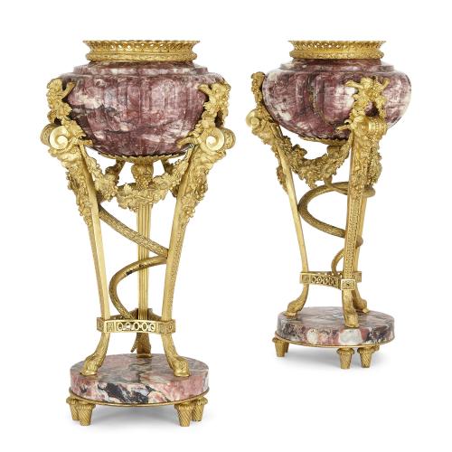 Pair of ormolu mounted marble cassolettes after Gouthière