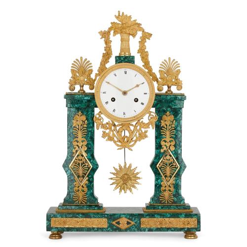 Louis XVI period malachite and ormolu mantel clock