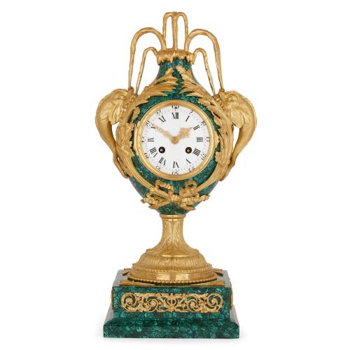 Louis XVI style ormolu and malachite mantel clock