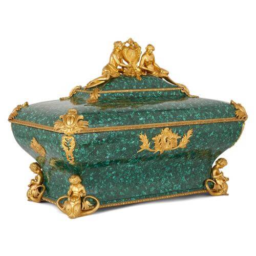 Large ormolu mounted malachite marriage casket by Monbro