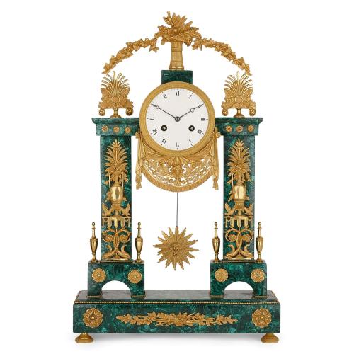 Louis XVI period ormolu and malachite mantel clock
