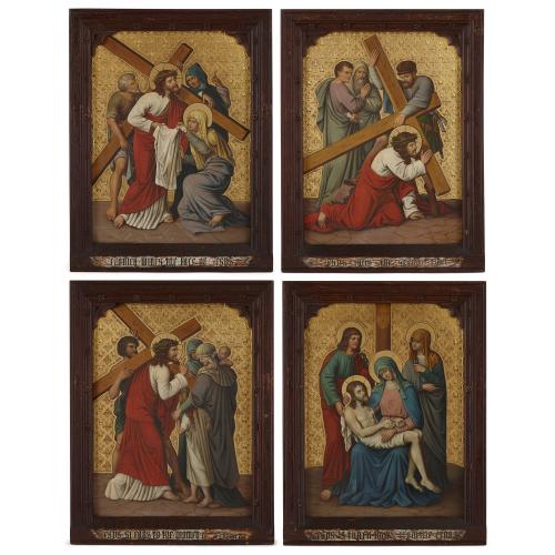 Set of four oil on copper paintings of stations of the cross
