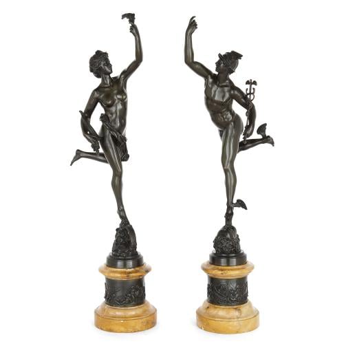 Pair of large patinated bronze figures after Giambologna