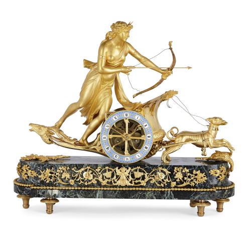 Impressive Empire ormolu and marble Diana chariot clock