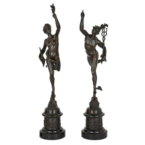 Pair of large patinated bronze figures of Mercury and Fortuna
