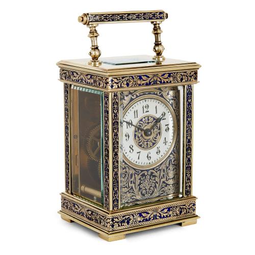 French brass and enamel carriage clock with travel case