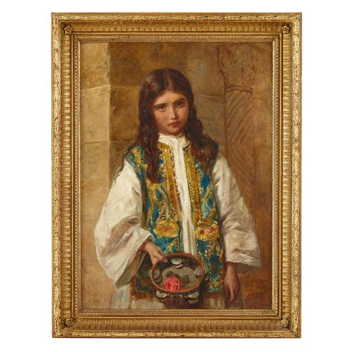 'Moroccan Tambourine Girl', Orientalist painting by Burgess