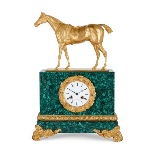 Charles X gilt bronze and malachite equestrian mantel clock
