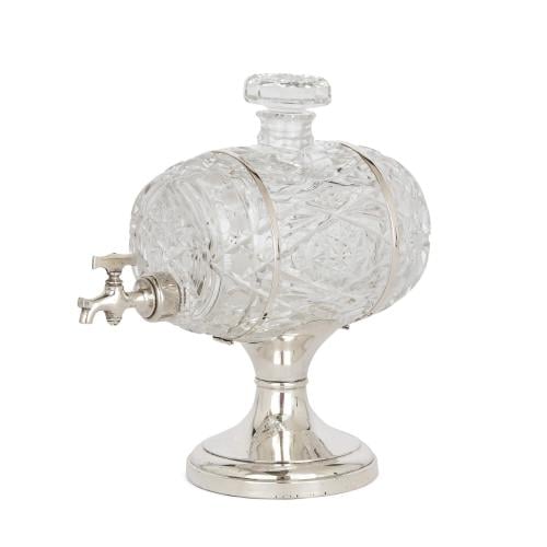English silver mounted cut glass barrel-shaped whiskey decanter