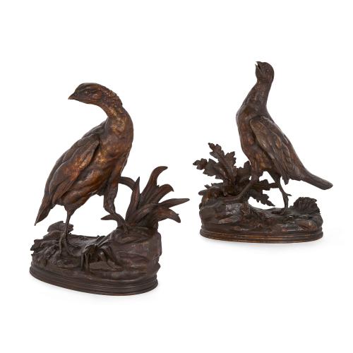 Pair of patinated bronze models of partridges by Jules Moigniez