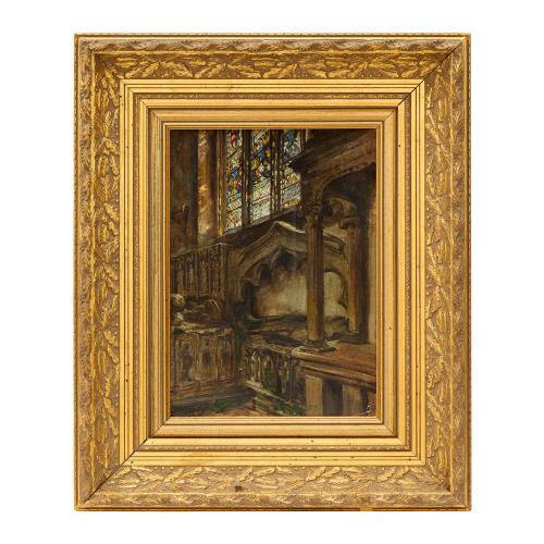 Antique English oil painting of a chapel by Frank Moss Bennett