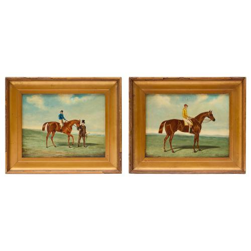 Pair of antique English racehorse and jockey oil paintings