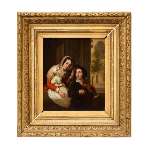 Antique Dutch oil painting of a family scene 