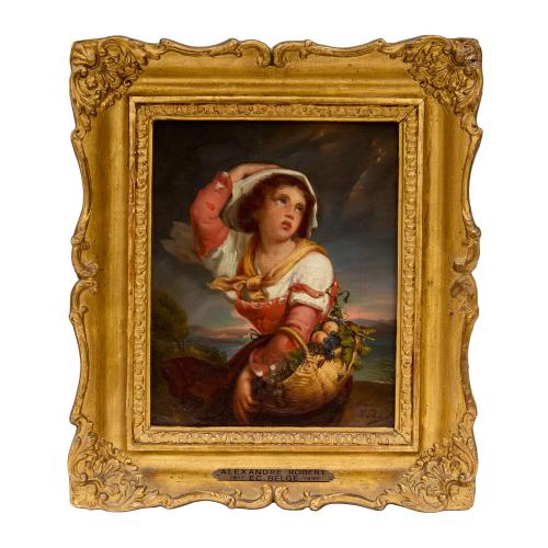 Antique Belgian oil painting of a girl with a fruit basket by Robert 