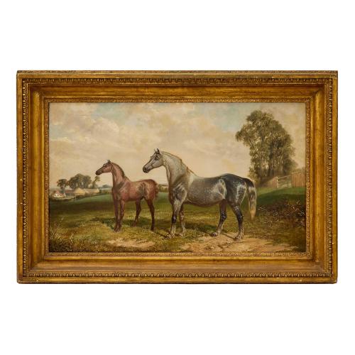 Large antique English equestrian oil painting by Walker