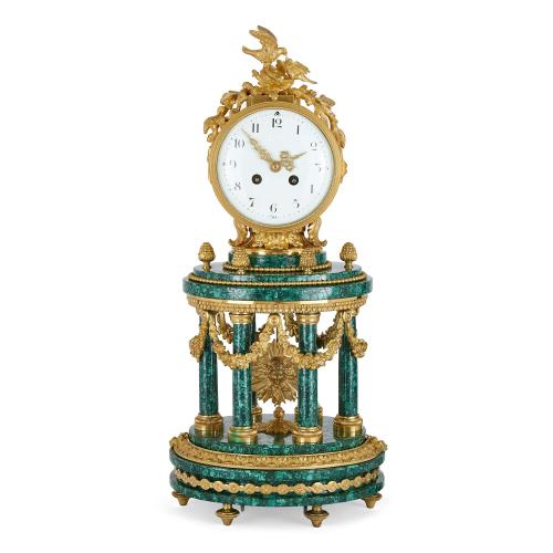 Louis XVI style malachite and ormolu mounted round mantel clock
