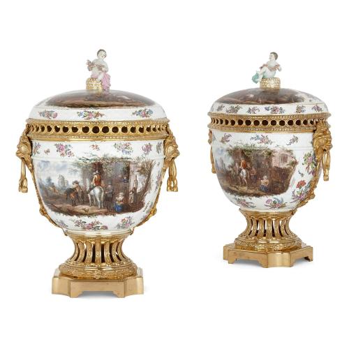 Pair of ormolu mounted Dresden porcelain pot pourri vases