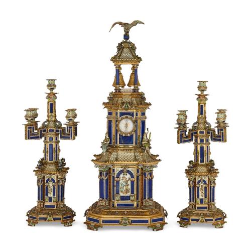 Exceptional antique Austrian silver-gilt, enamel and lapis lazuli clock set