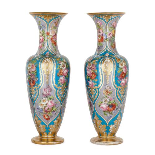 Pair of Baccarat parcel gilt turquoise glass vases
