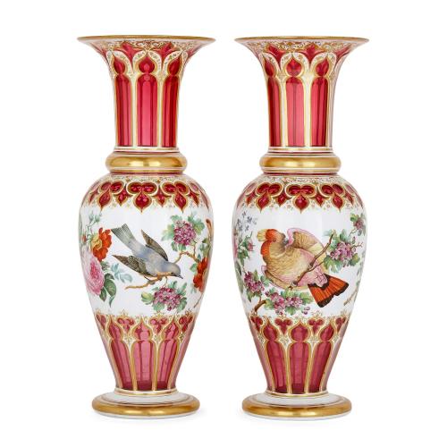 Pair of Baccarat overlay floral glass vases