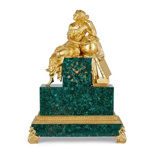 Large ormolu and malachite Neoclassical French mantel clock