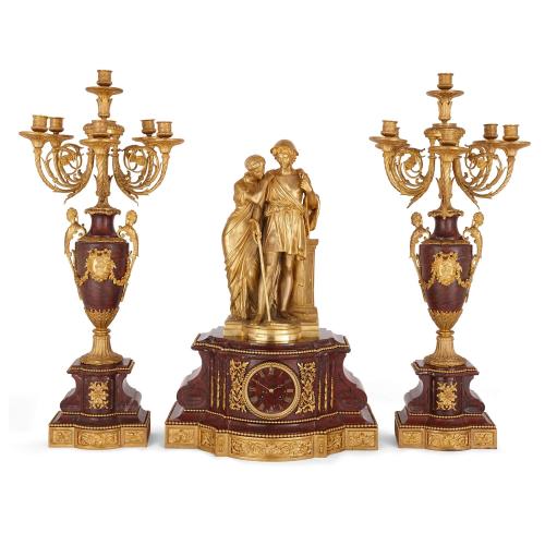 Louis XVI style Gilt-Bronze and Rouge Griotte Marble Clock Set