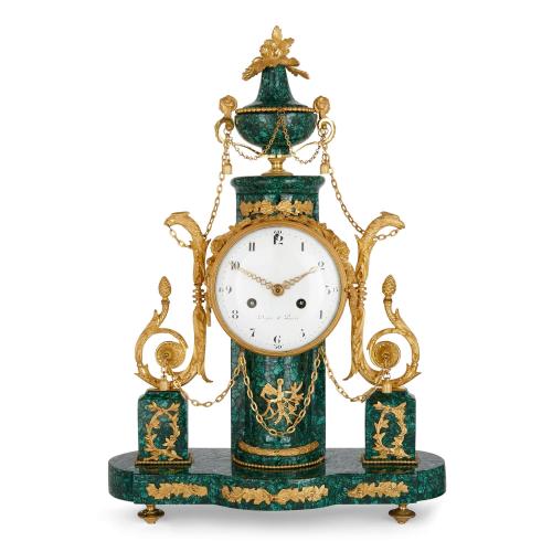 French Louis XVI period ormolu and malachite mantel clock