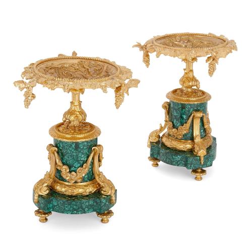 Pair of ormolu and malachite French decorative tazze