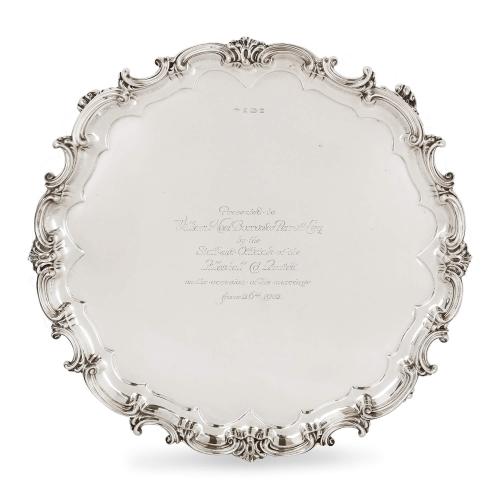 Large English Edwardian silver salver by Elkington & Co.