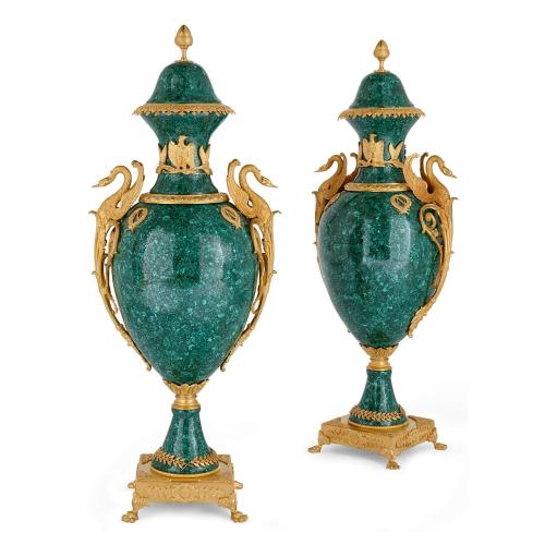 Pair of large ormolu mounted malachite Empire style vases