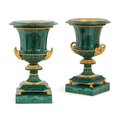 Pair of ormolu mounted French malachite vases after Galberg