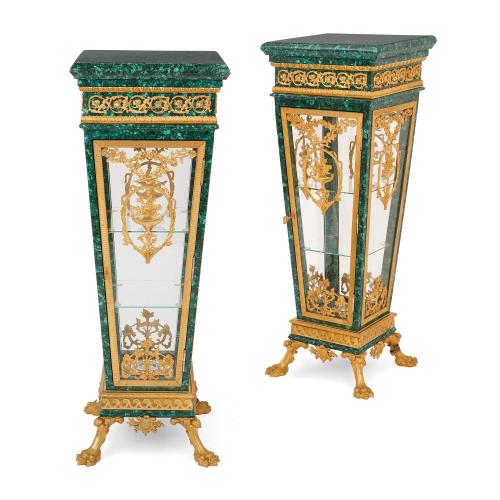 Pair of malachite and ormolu mounted vitrine pedestals