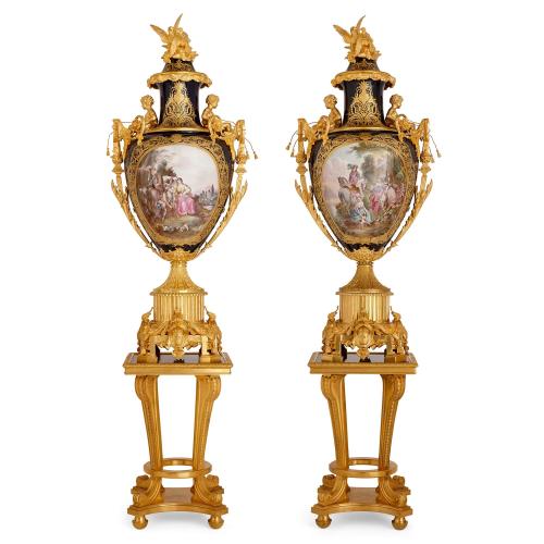Pair of large ormolu mounted Sèvres style porcelain vases & stands