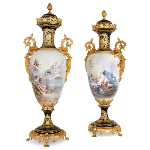 Pair of large ormolu mounted Sèvres style porcelain vases