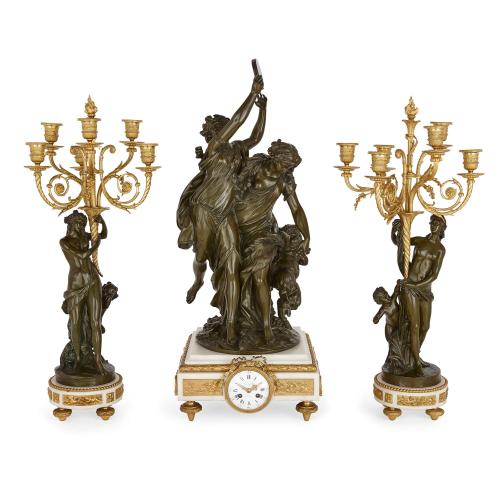 Large gilt, bronze and marble three piece clock set after Clodion