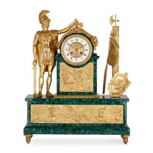 Large Empire style ormolu and malachite mythological mantel clock