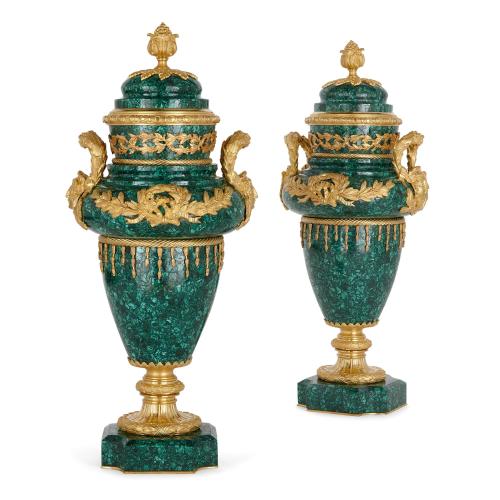 Pair of large and rare French ormolu-mounted malachite vases 