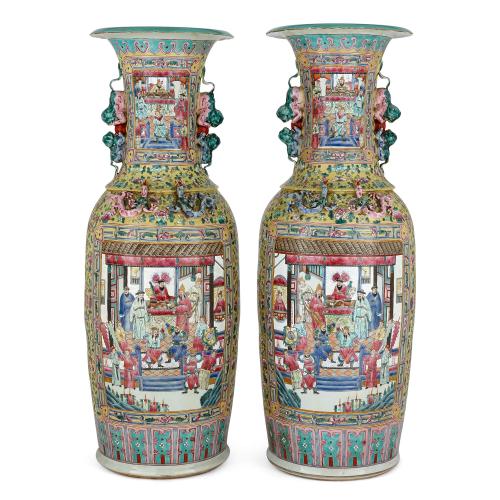A pair of large Canton famille jaune porcelain vases