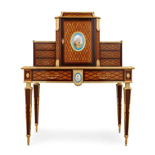 Porcelain and ormolu mounted parquetry bonheur du jour by Ross