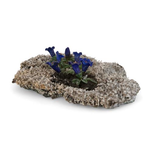 Large quartz, hardstone, gold, and lapis lazuli alpine flower bed model