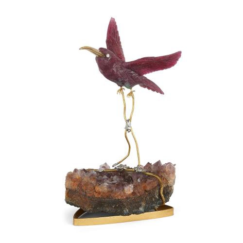 Carved hardstone model of a hummingbird in ruby and silver gilt