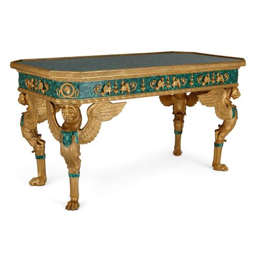 A French Empire style ormolu and malachite centre table