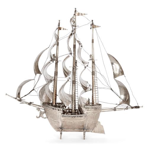 Large antique silvered metal nef in the form of a galleon
