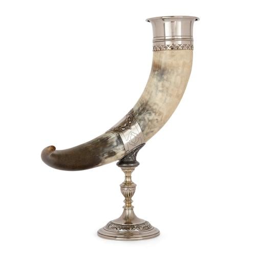 German silver plated and mounted horn cornucopia vase