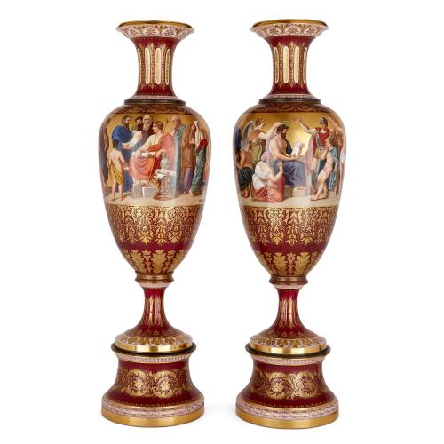 Exceptional pair of large, classical Royal Vienna porcelain vases