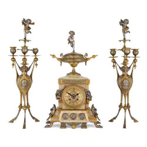 Neo-Grec style alabaster, silvered bronze, and ormolu clock set