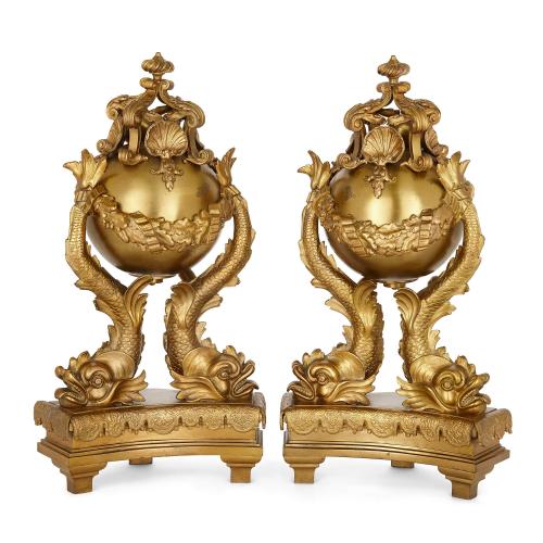 Pair of French 19th century gilt-bronze dolphin chenets 