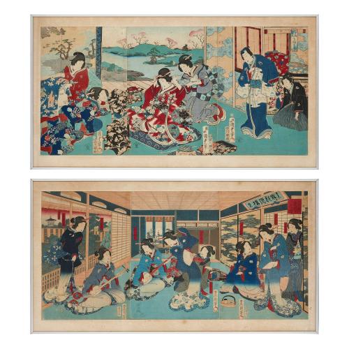 Pair of large Japanese Meiji period woodblock prints